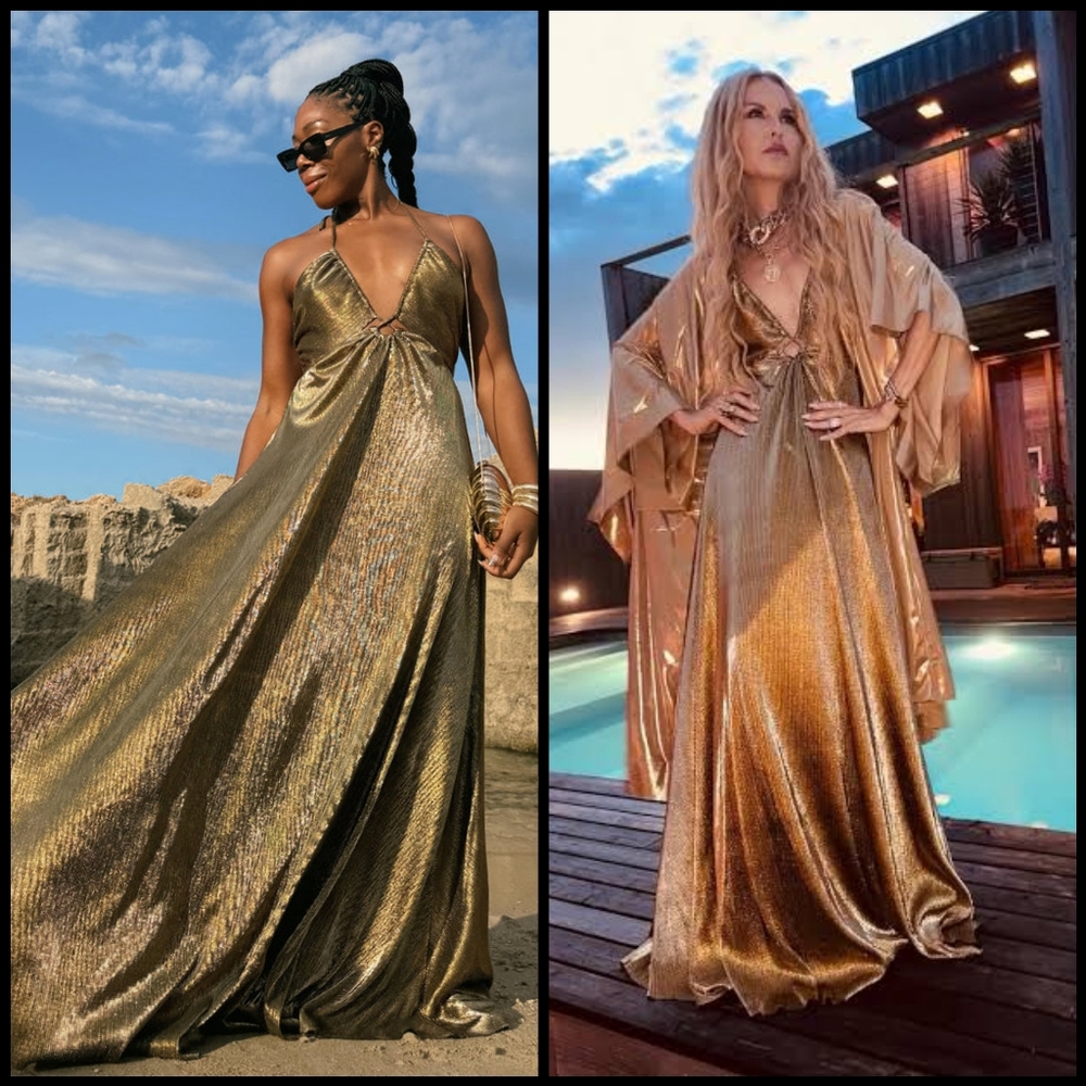 Show Me Your MuMu Metallic Gold Halter Pleated Maxi Dress